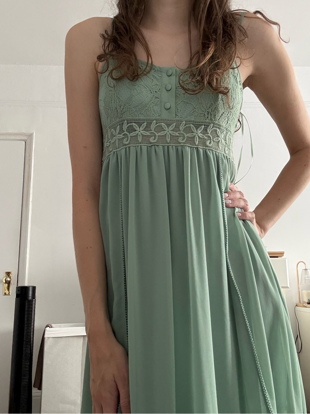 Sage Green Lace-Trim Summer Dress